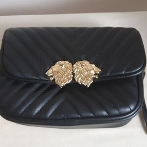 Zara Black Quilted Crossbody Bag with Gold Lion Details